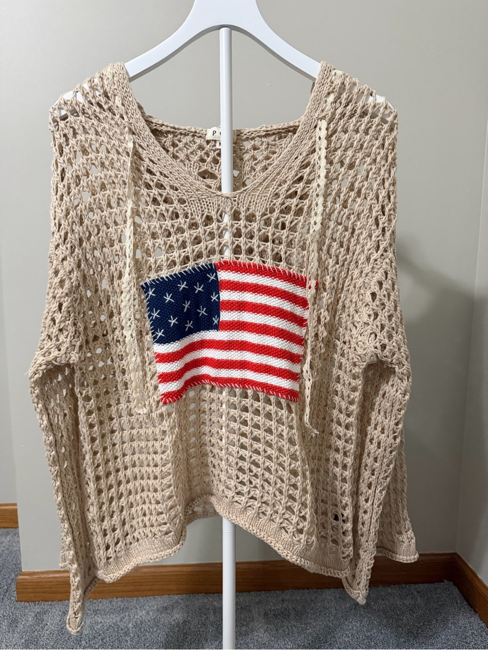 Buckle Beige Open-Knit Crochet Sweater with Flag Patch